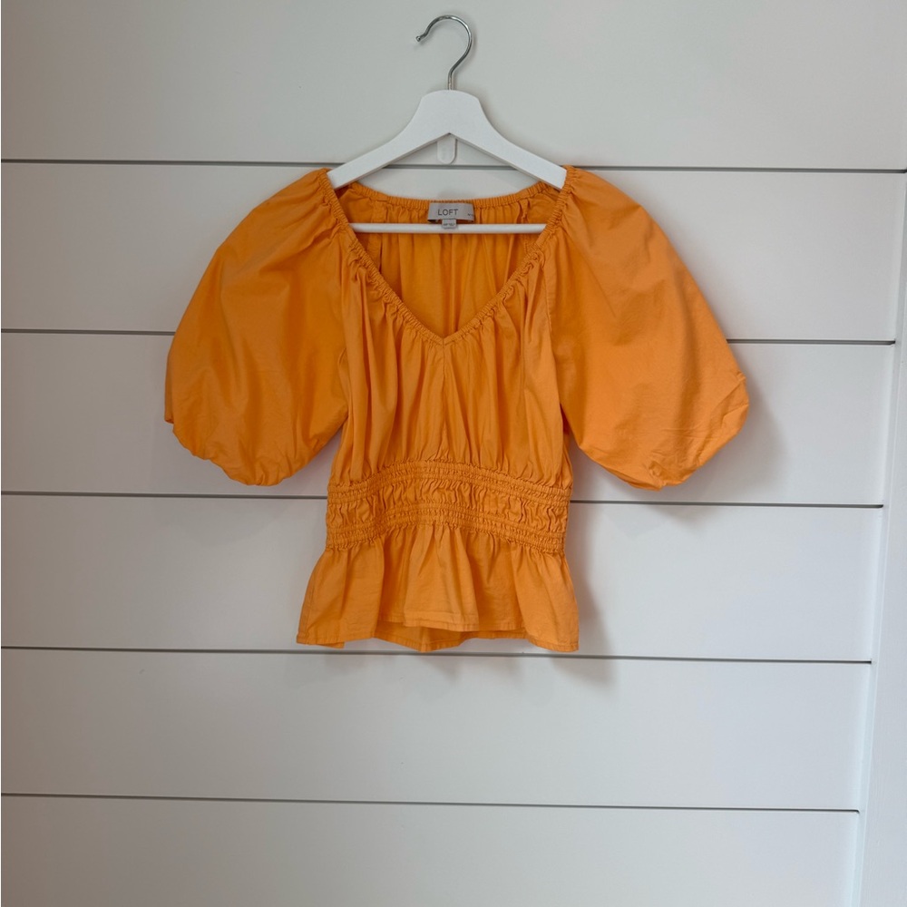 LOFT Tangerine Puff Sleeve V Neck Blouse